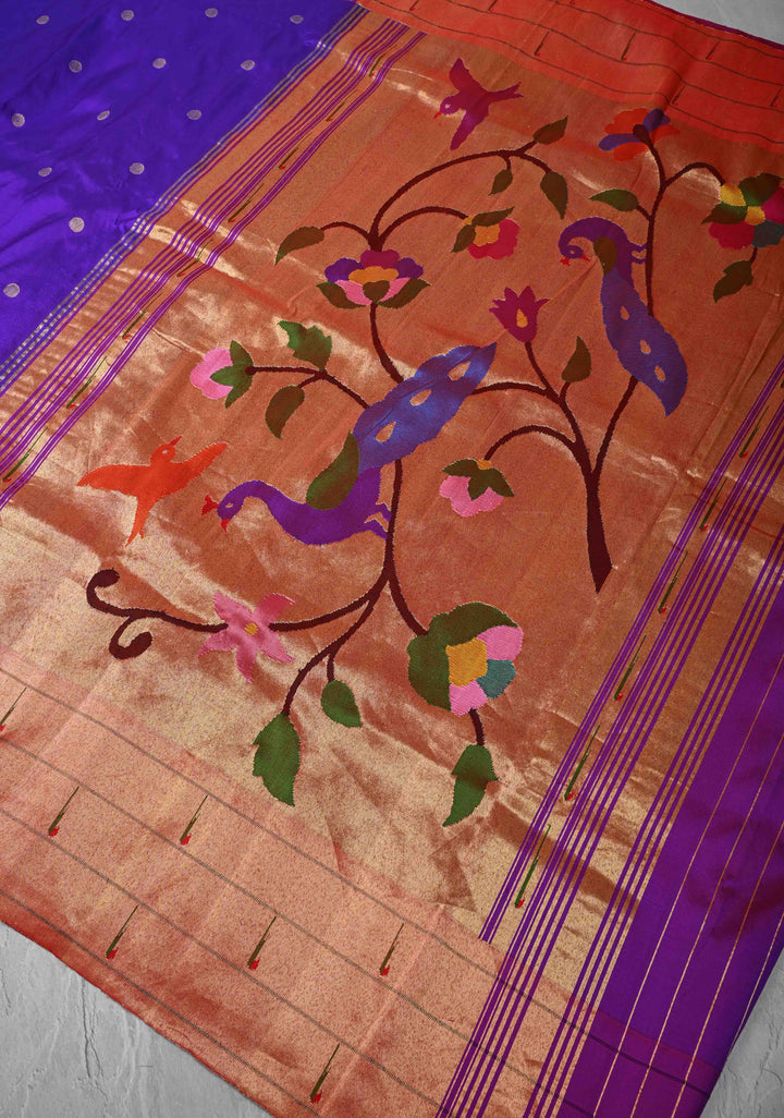 Authentic Purple Yeola Paithani Handloom Silk Saree with Triple Muniya Borders and Peacock Motifs on Pallu | SILK MARK CERTIFIED