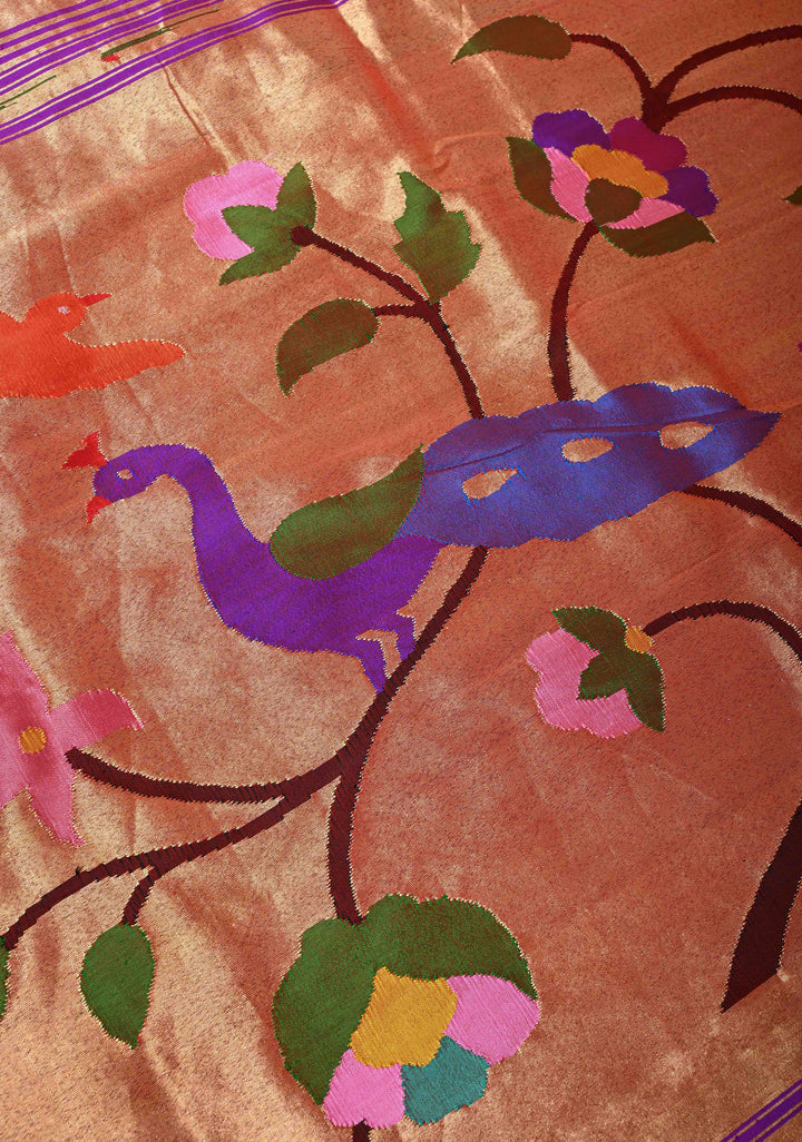 Authentic Purple Yeola Paithani Handloom Silk Saree with Triple Muniya Borders and Peacock Motifs on Pallu | SILK MARK CERTIFIED