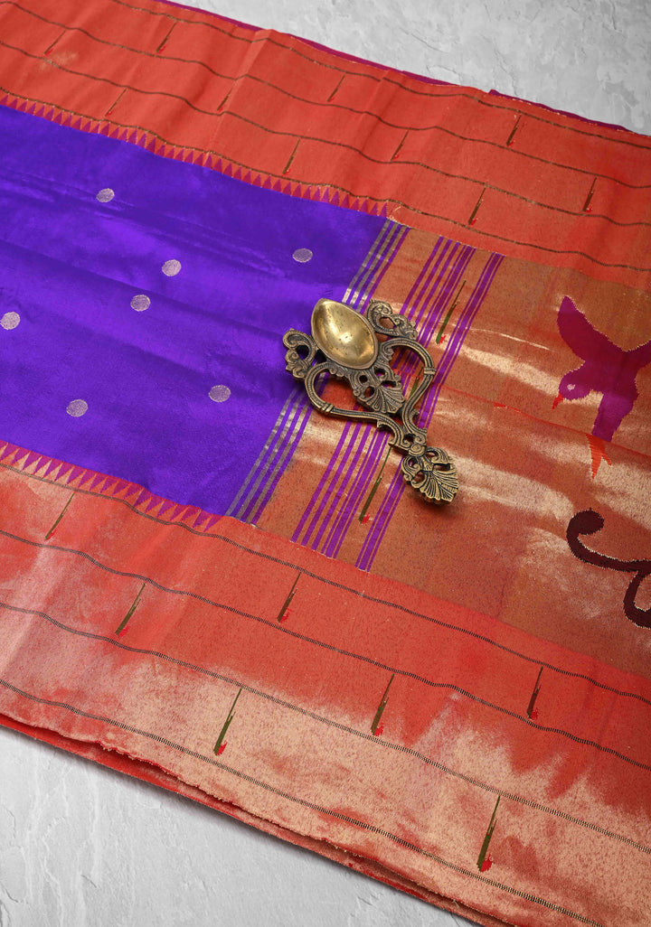 Authentic Purple Yeola Paithani Handloom Silk Saree with Triple Muniya Borders and Peacock Motifs on Pallu | SILK MARK CERTIFIED