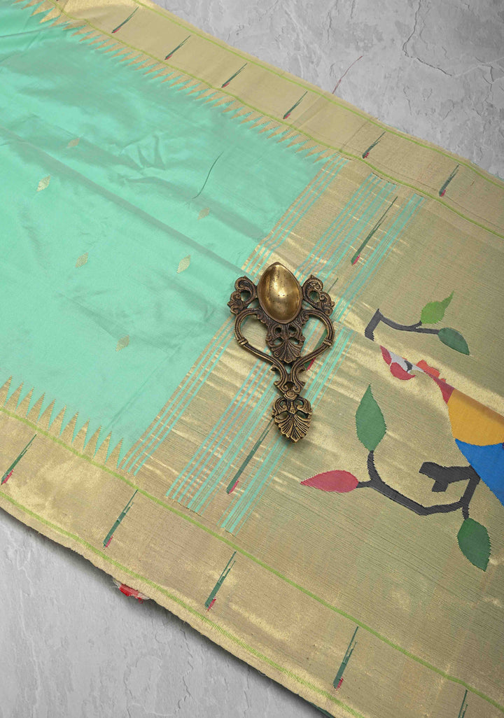 Authentic Mint Green Yeola Paithani Handloom Silk Saree with Single Muniya Borders and African Parrot Motifs on Pallu | SILK MARK CERTIFIED