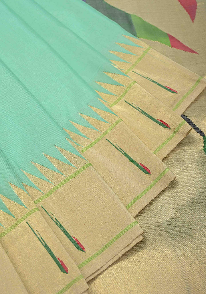 Authentic Mint Green Yeola Paithani Handloom Silk Saree with Single Muniya Borders and African Parrot Motifs on Pallu | SILK MARK CERTIFIED