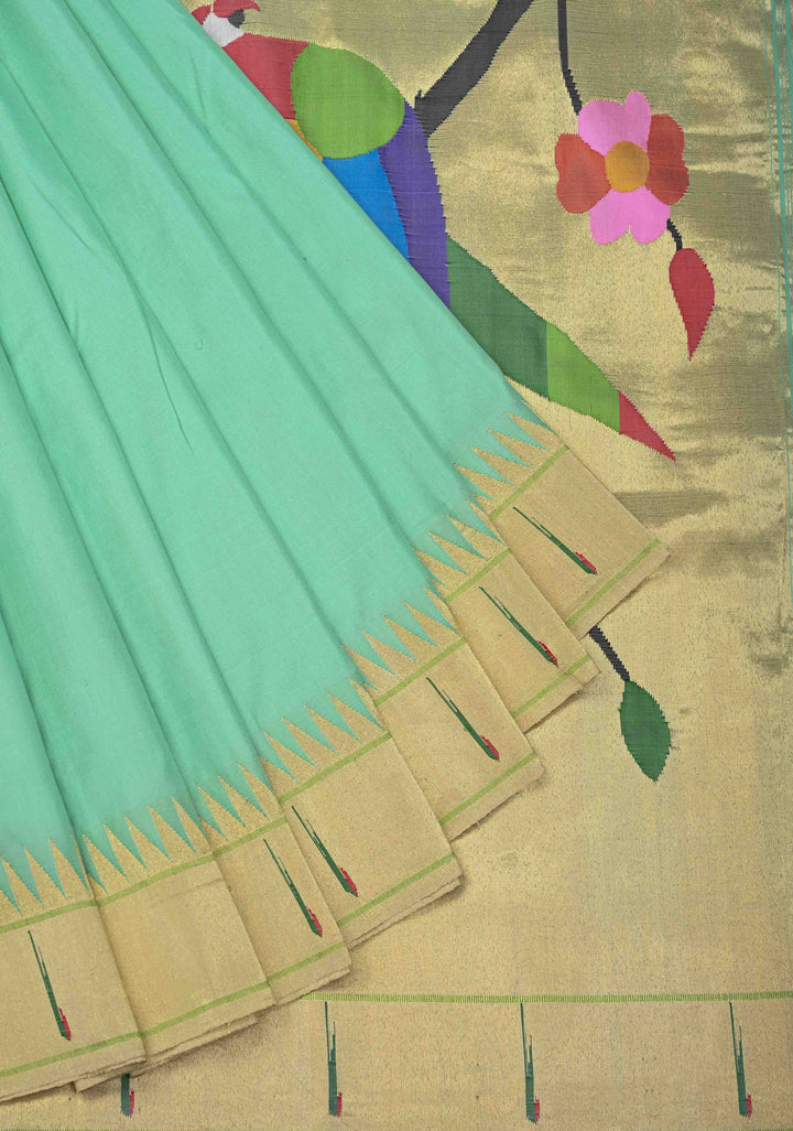 Authentic Mint Green Yeola Paithani Handloom Silk Saree with Single Muniya Borders and African Parrot Motifs on Pallu | SILK MARK CERTIFIED