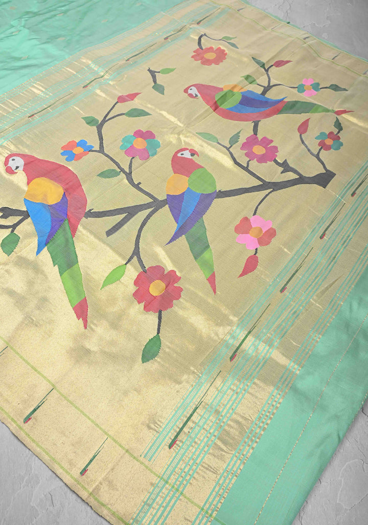 Authentic Mint Green Yeola Paithani Handloom Silk Saree with Single Muniya Borders and African Parrot Motifs on Pallu | SILK MARK CERTIFIED