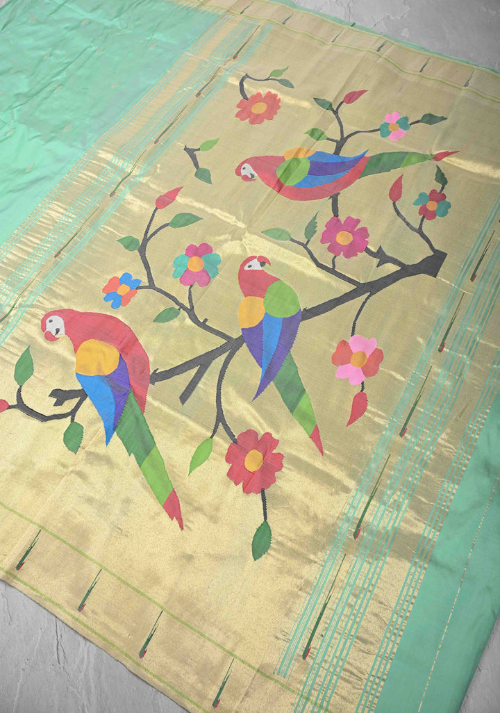 Authentic Mint Green Yeola Paithani Handloom Silk Saree with Single Muniya Borders and African Parrot Motifs on Pallu | SILK MARK CERTIFIED