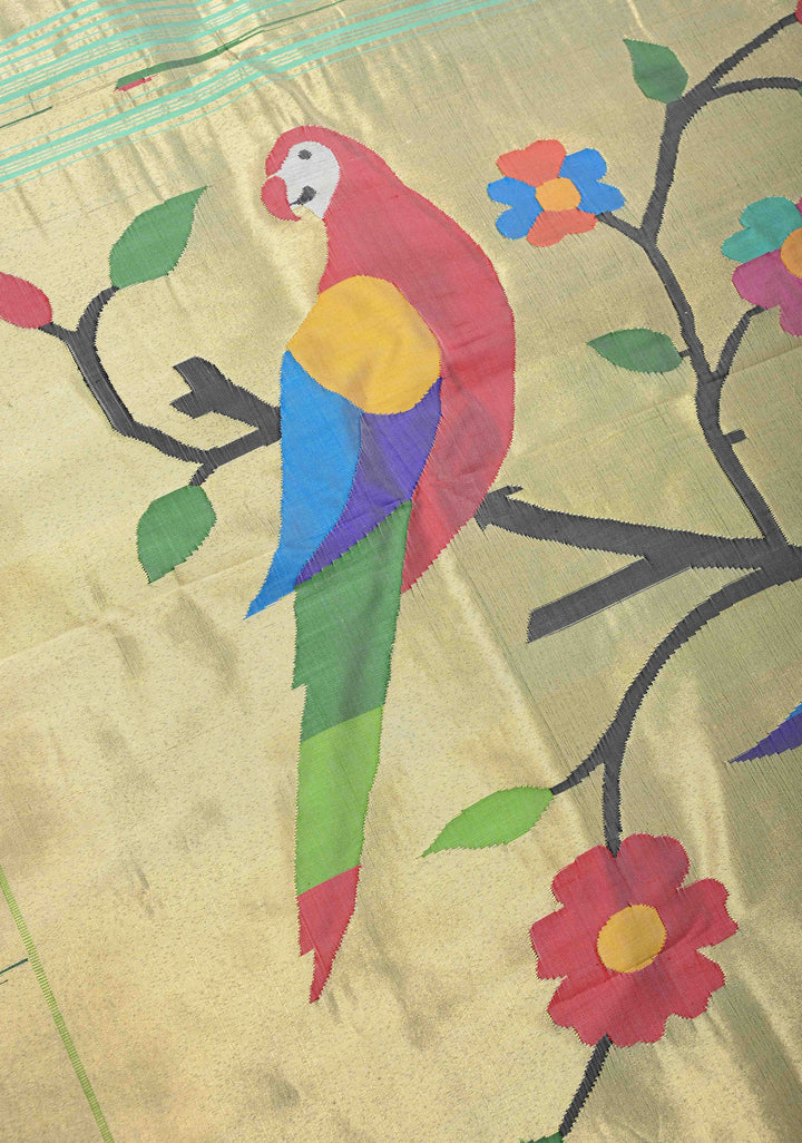 Authentic Mint Green Yeola Paithani Handloom Silk Saree with Single Muniya Borders and African Parrot Motifs on Pallu | SILK MARK CERTIFIED