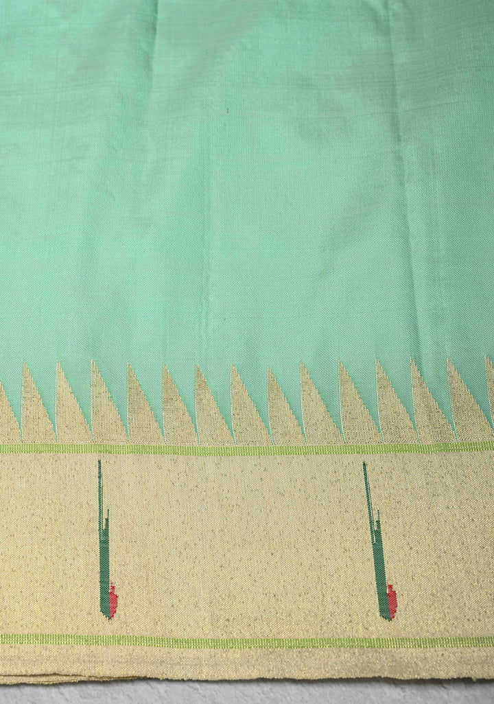 Authentic Mint Green Yeola Paithani Handloom Silk Saree with Single Muniya Borders and African Parrot Motifs on Pallu | SILK MARK CERTIFIED