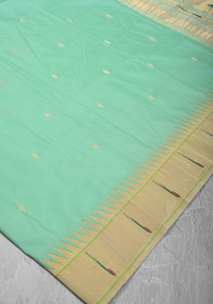 Authentic Mint Green Yeola Paithani Handloom Silk Saree with Single Muniya Borders and African Parrot Motifs on Pallu | SILK MARK CERTIFIED