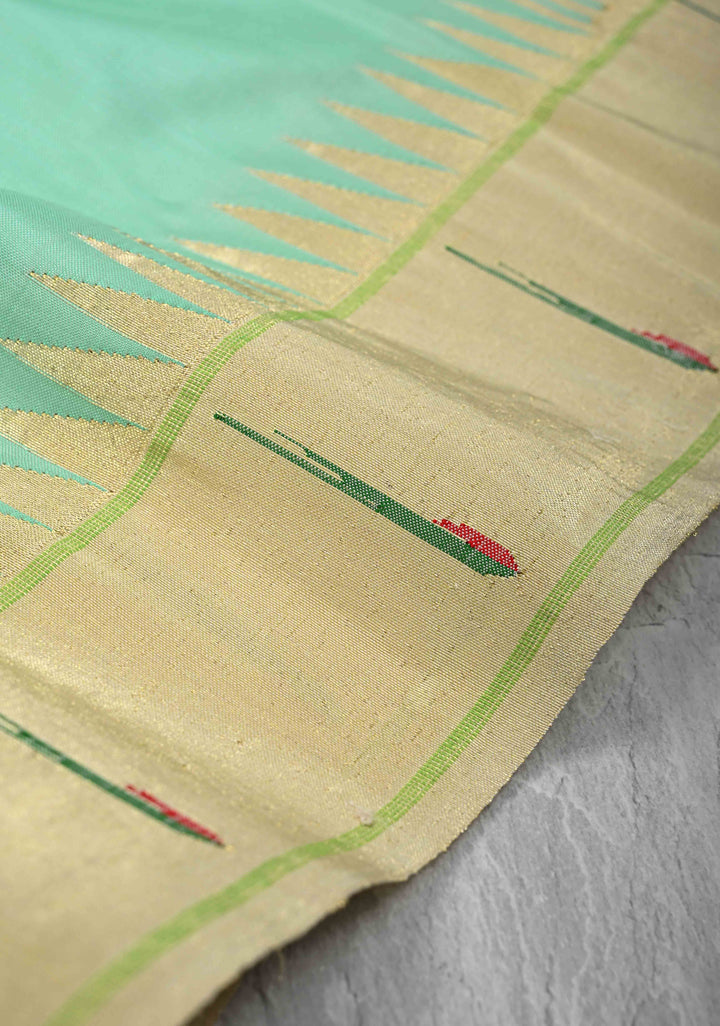 Authentic Mint Green Yeola Paithani Handloom Silk Saree with Single Muniya Borders and African Parrot Motifs on Pallu | SILK MARK CERTIFIED