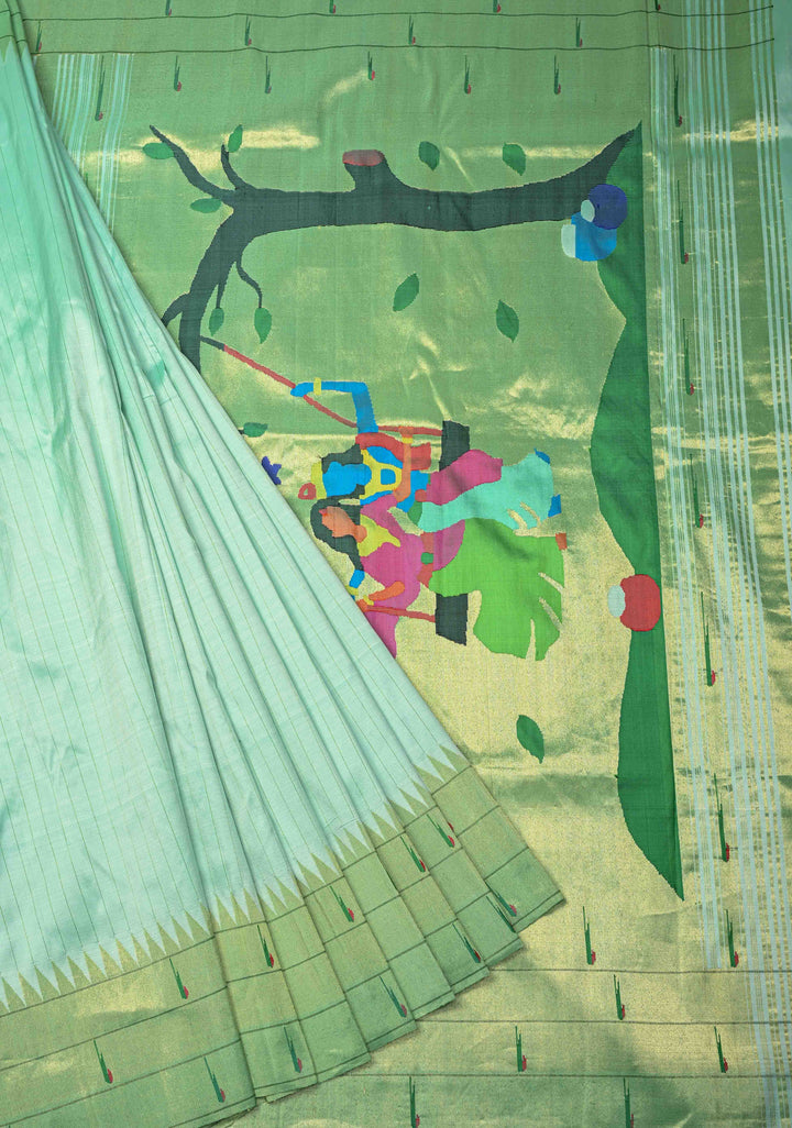 Authentic Mint Green Yeola Paithani Handloom Silk Saree with Vertical Stripes and Triple Muniya Borders and Radha Krishna Motifs on Pallu | SILK MARK CERTIFIED