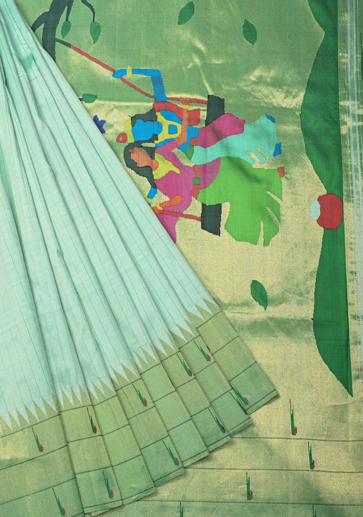 Authentic Mint Green Yeola Paithani Handloom Silk Saree with Vertical Stripes and Triple Muniya Borders and Radha Krishna Motifs on Pallu | SILK MARK CERTIFIED