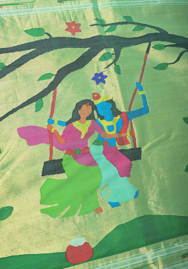 Authentic Mint Green Yeola Paithani Handloom Silk Saree with Vertical Stripes and Triple Muniya Borders and Radha Krishna Motifs on Pallu | SILK MARK CERTIFIED