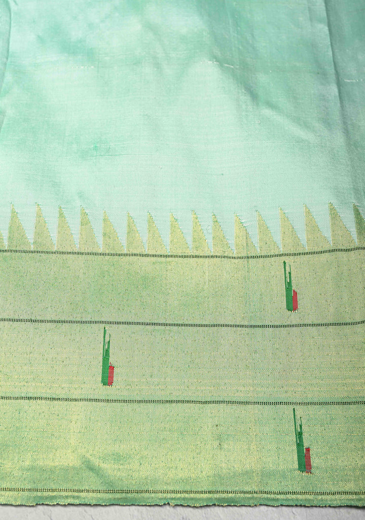 Authentic Mint Green Yeola Paithani Handloom Silk Saree with Vertical Stripes and Triple Muniya Borders and Radha Krishna Motifs on Pallu | SILK MARK CERTIFIED