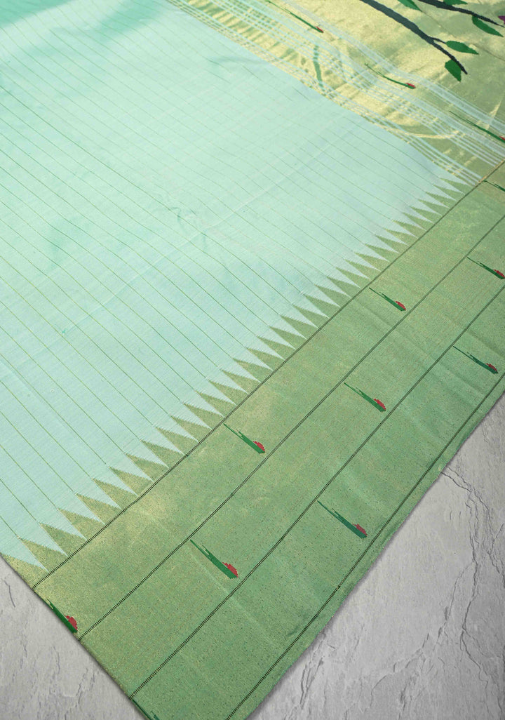 Authentic Mint Green Yeola Paithani Handloom Silk Saree with Vertical Stripes and Triple Muniya Borders and Radha Krishna Motifs on Pallu | SILK MARK CERTIFIED