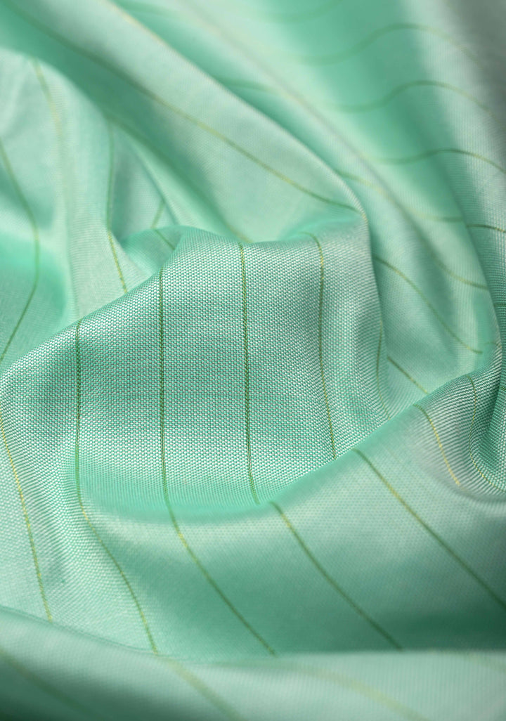 Authentic Mint Green Yeola Paithani Handloom Silk Saree with Vertical Stripes and Triple Muniya Borders and Radha Krishna Motifs on Pallu | SILK MARK CERTIFIED