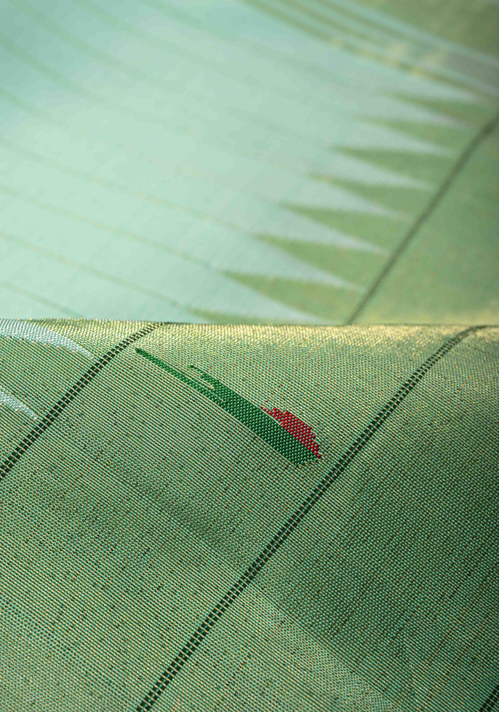 Authentic Mint Green Yeola Paithani Handloom Silk Saree with Vertical Stripes and Triple Muniya Borders and Radha Krishna Motifs on Pallu | SILK MARK CERTIFIED