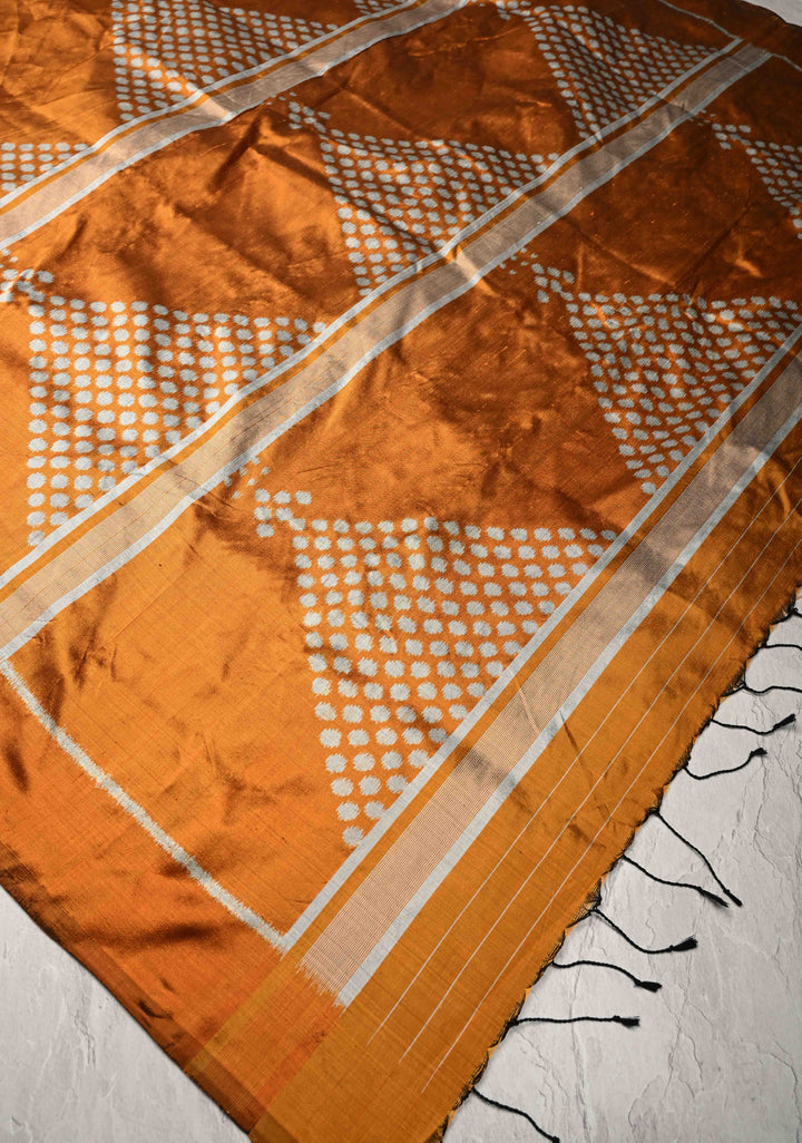 Brown Handloom Sambalpuri Ikkat Silk Saree with Yantra Motifs and Contrast Border, No Blouse Piece | SILK MARK CERTIFIED