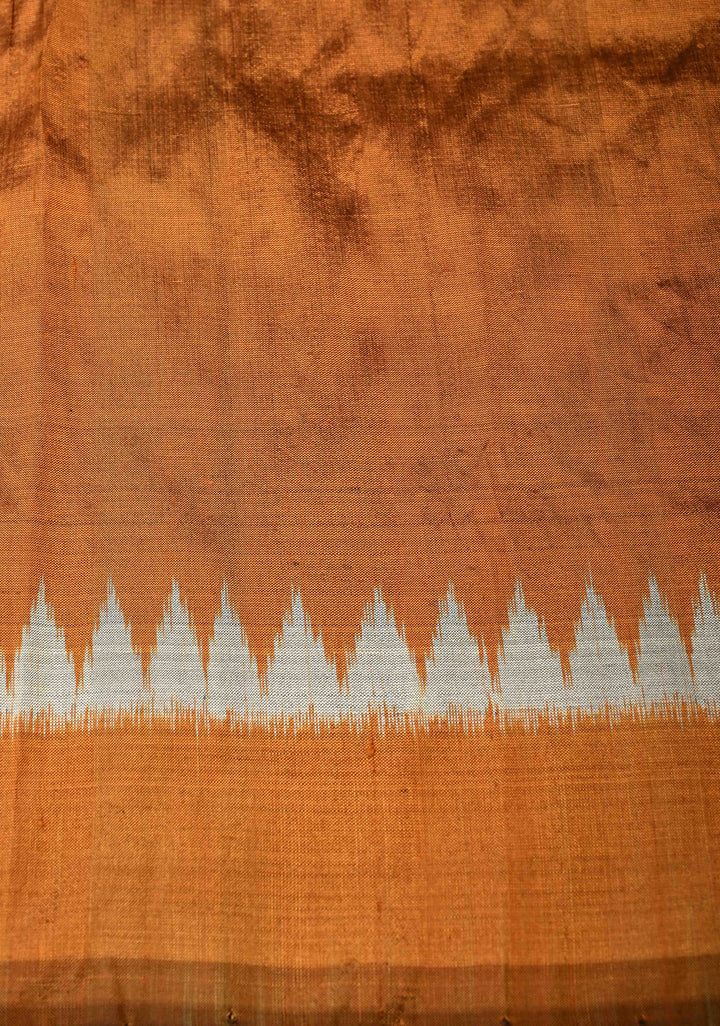 Brown Handloom Sambalpuri Ikkat Silk Saree with Yantra Motifs and Contrast Border, No Blouse Piece | SILK MARK CERTIFIED