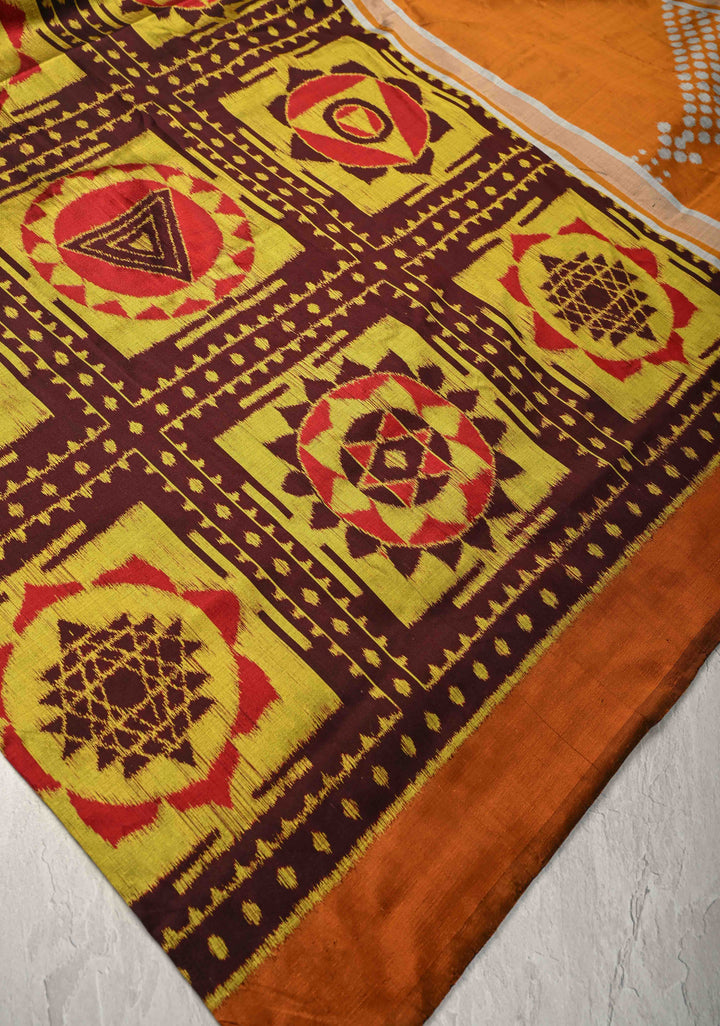 Brown Handloom Sambalpuri Ikkat Silk Saree with Yantra Motifs and Contrast Border, No Blouse Piece | SILK MARK CERTIFIED