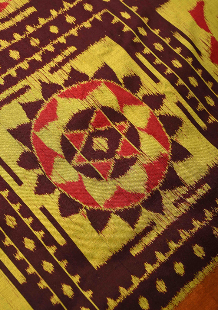 Brown Handloom Sambalpuri Ikkat Silk Saree with Yantra Motifs and Contrast Border, No Blouse Piece | SILK MARK CERTIFIED