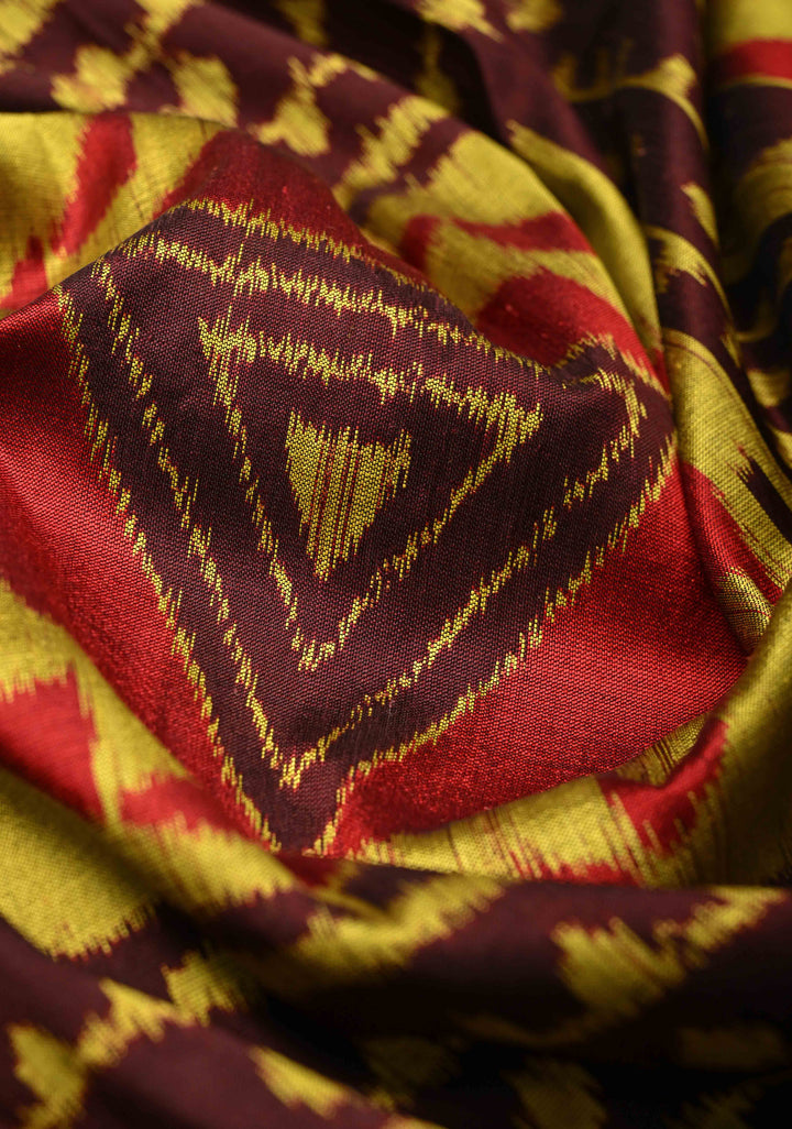 Brown Handloom Sambalpuri Ikkat Silk Saree with Yantra Motifs and Contrast Border, No Blouse Piece | SILK MARK CERTIFIED