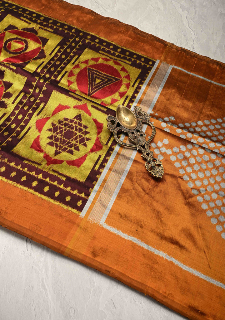 Brown Handloom Sambalpuri Ikkat Silk Saree with Yantra Motifs and Contrast Border, No Blouse Piece | SILK MARK CERTIFIED