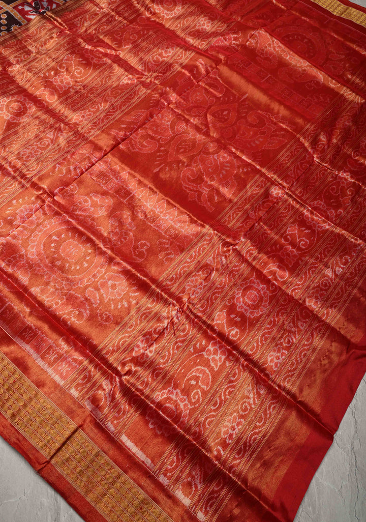 Madhuri Dixit Sambhalpuri Ikkat Handloom Saree in Red and Brown , No Blouse Piece | SILK MARK CERTIFIED