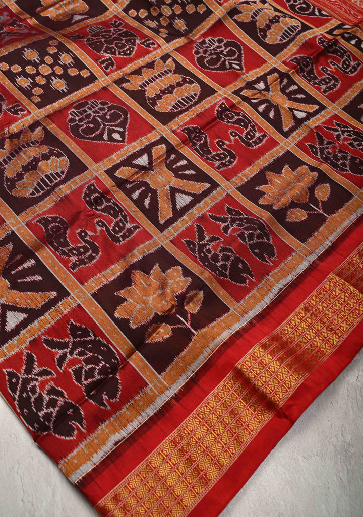 Madhuri Dixit Sambhalpuri Ikkat Handloom Saree in Red and Brown , No Blouse Piece | SILK MARK CERTIFIED