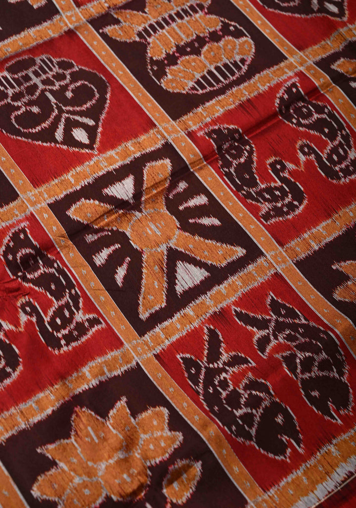 Madhuri Dixit Sambhalpuri Ikkat Handloom Saree in Red and Brown , No Blouse Piece | SILK MARK CERTIFIED