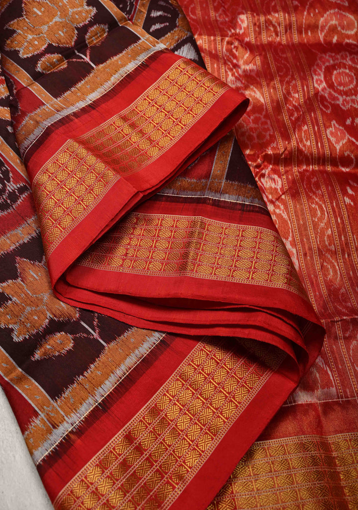 Madhuri Dixit Sambhalpuri Ikkat Handloom Saree in Red and Brown , No Blouse Piece | SILK MARK CERTIFIED