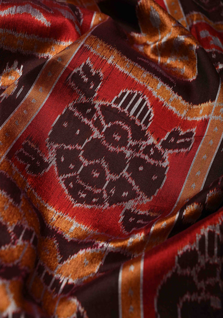 Madhuri Dixit Sambhalpuri Ikkat Handloom Saree in Red and Brown , No Blouse Piece | SILK MARK CERTIFIED