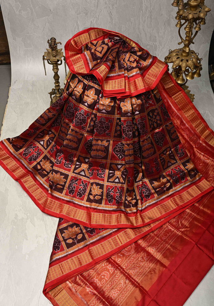 Madhuri Dixit Sambhalpuri Ikkat Handloom Saree in Red and Brown , No Blouse Piece | SILK MARK CERTIFIED