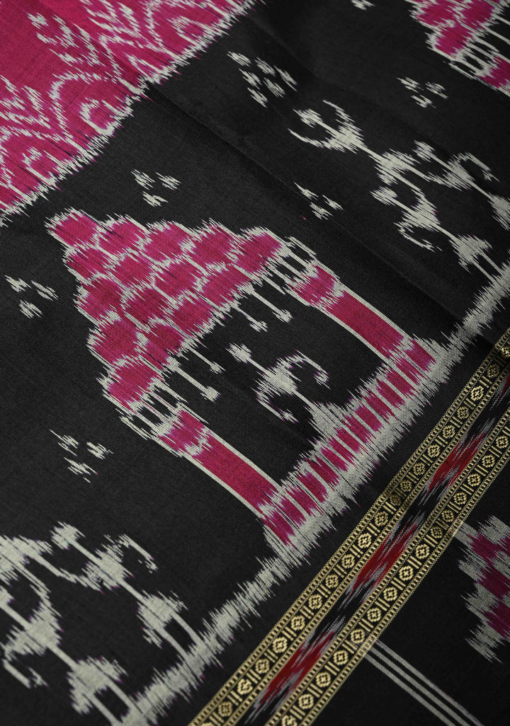 Magenta Sambalpuri Ikkat Silk Saree with Dolabedi Border and Pallu, No Blouse Piece  | SILK MARK CERTIFIED