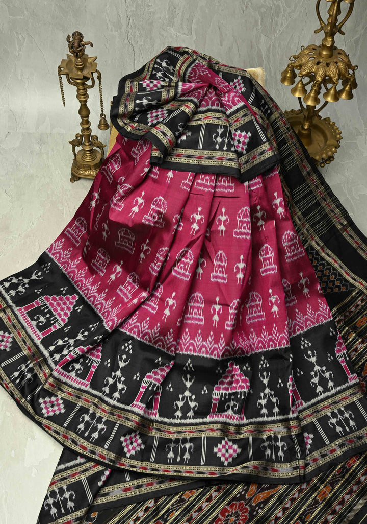 Magenta Sambalpuri Ikkat Silk Saree with Dolabedi Border and Pallu, No Blouse Piece  | SILK MARK CERTIFIED