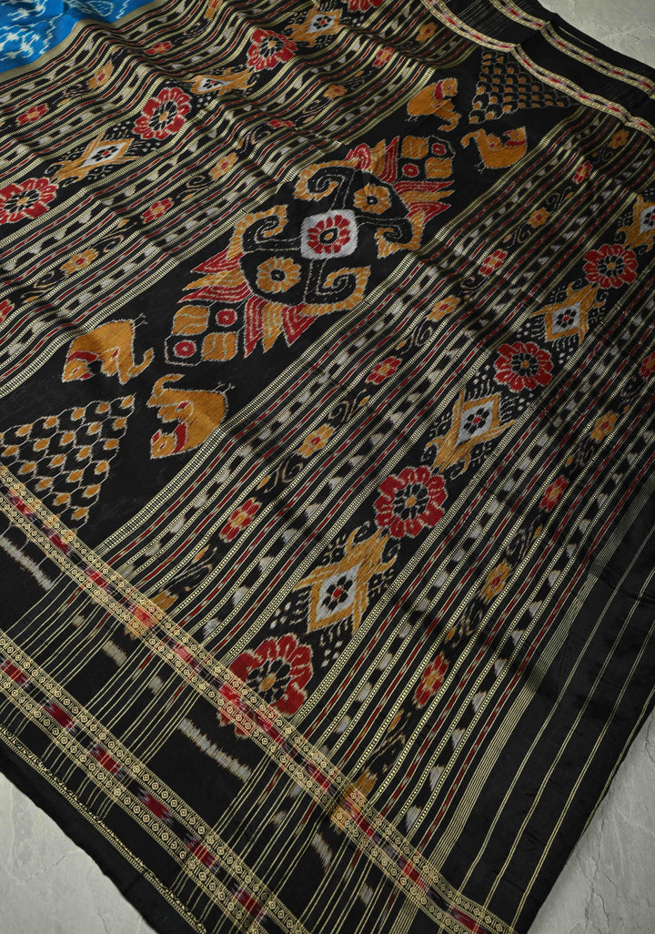 Peacock Blue Sambalpuri Ikkat Silk Saree with Dolabedi Border and Pallu, No Blouse Piece  | SILK MARK CERTIFIED