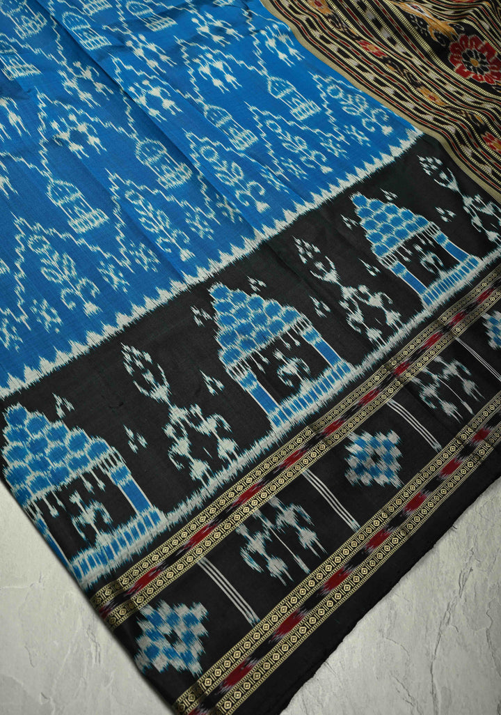 Peacock Blue Sambalpuri Ikkat Silk Saree with Dolabedi Border and Pallu, No Blouse Piece  | SILK MARK CERTIFIED