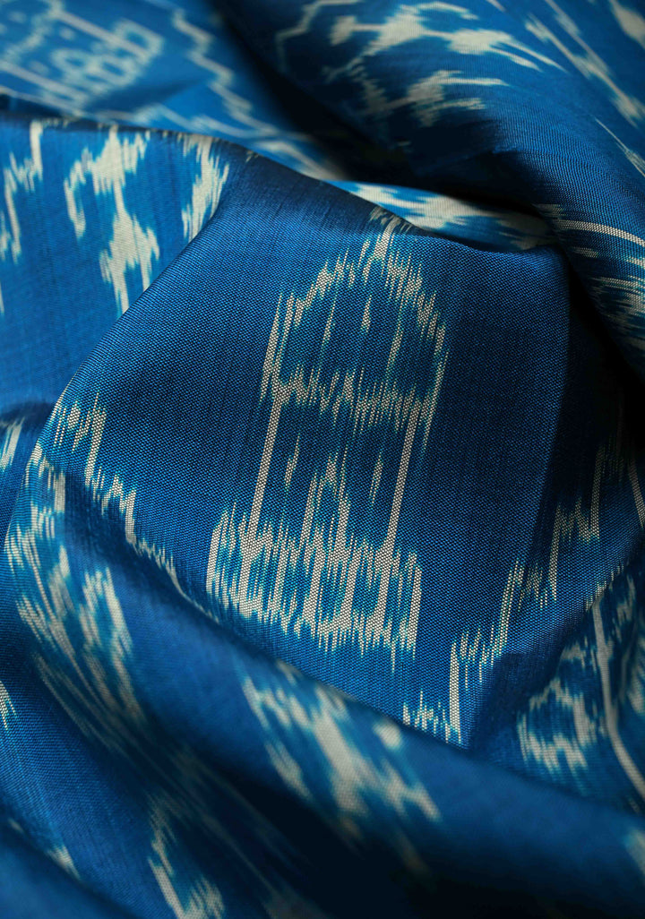 Peacock Blue Sambalpuri Ikkat Silk Saree with Dolabedi Border and Pallu, No Blouse Piece  | SILK MARK CERTIFIED