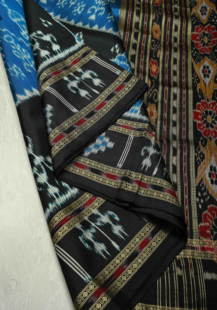 Peacock Blue Sambalpuri Ikkat Silk Saree with Dolabedi Border and Pallu, No Blouse Piece  | SILK MARK CERTIFIED