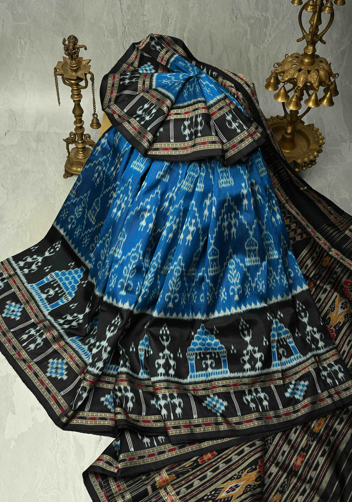 Peacock Blue Sambalpuri Ikkat Silk Saree with Dolabedi Border and Pallu, No Blouse Piece  | SILK MARK CERTIFIED