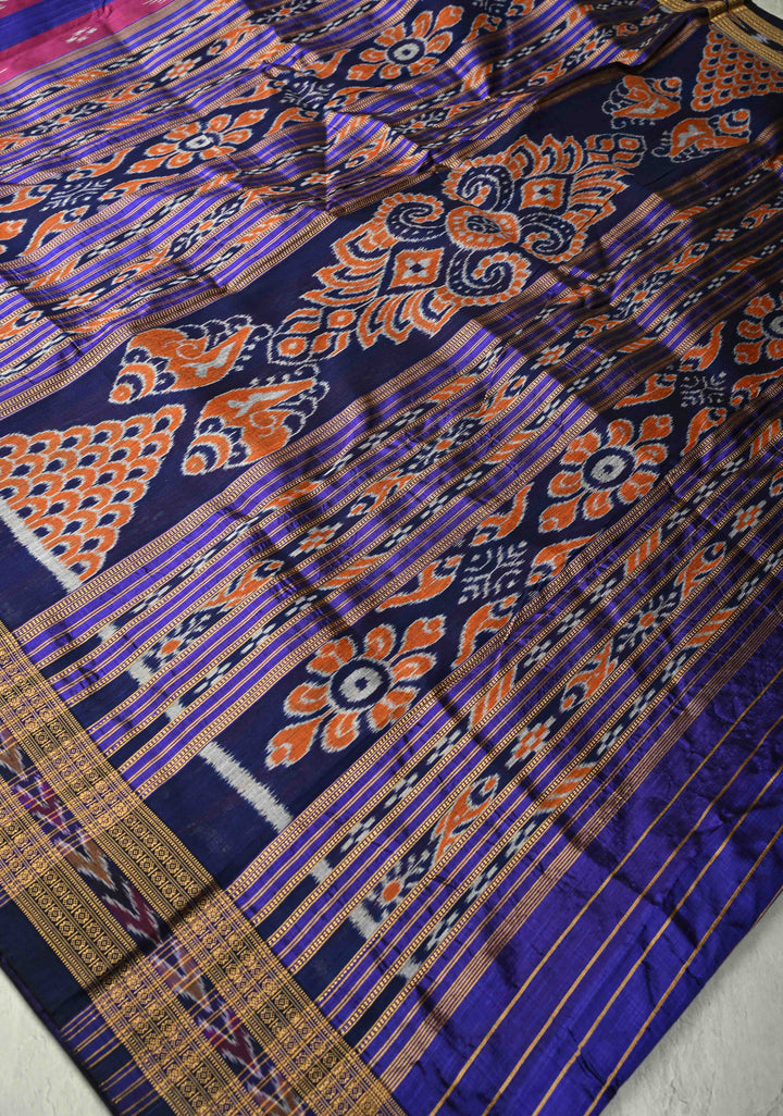 Ink Purple-Magenta Handloom Sambalpuri Ikkat Silk Saree with Stripes Design and Border, No Blouse Piece | SILK MARK CERTIFIED