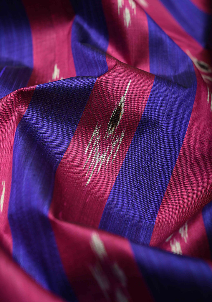 Ink Purple-Magenta Handloom Sambalpuri Ikkat Silk Saree with Stripes Design and Border, No Blouse Piece | SILK MARK CERTIFIED