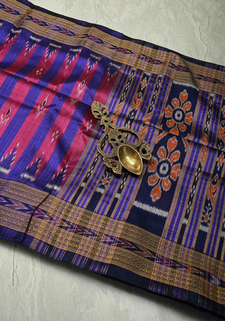 Ink Purple-Magenta Handloom Sambalpuri Ikkat Silk Saree with Stripes Design and Border, No Blouse Piece | SILK MARK CERTIFIED