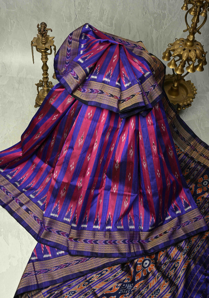 Ink Purple-Magenta Handloom Sambalpuri Ikkat Silk Saree with Stripes Design and Border, No Blouse Piece | SILK MARK CERTIFIED