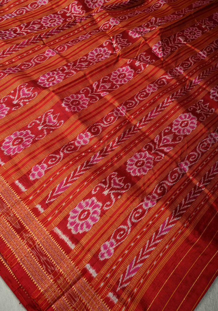 Pink-Red Handloom Sambalpuri Ikkat Silk Saree with Ikkat Weave and Zari Border, No Blouse Piece | SILK MARK CERTIFIED