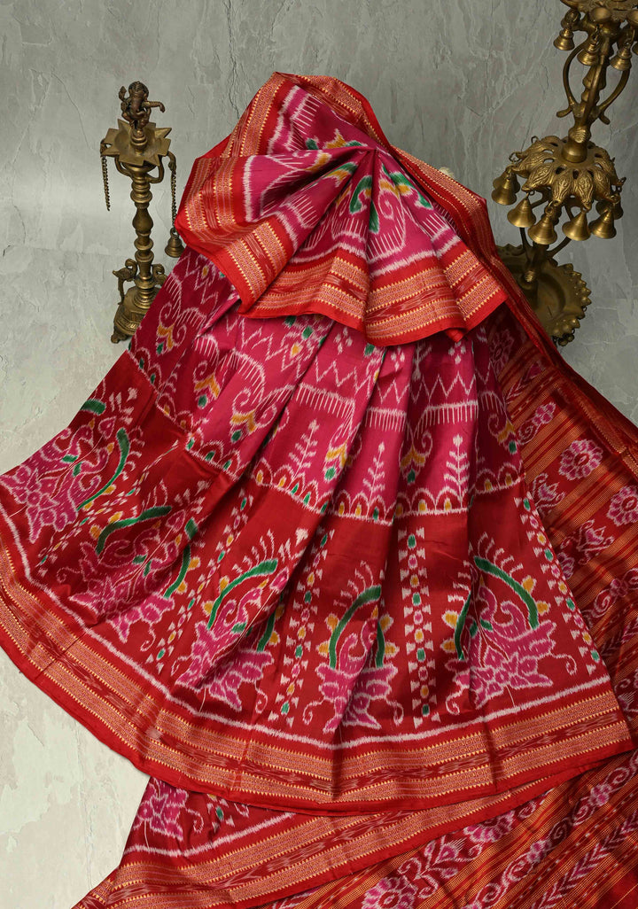 Pink-Red Handloom Sambalpuri Ikkat Silk Saree with Ikkat Weave and Zari Border, No Blouse Piece | SILK MARK CERTIFIED