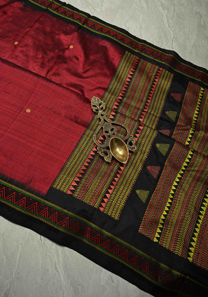 Maroon Handloom Sambalpuri Ikkat Silk Saree with Thread Buttas and Contrast Border, No Blouse Piece | SILK MARK CERTIFIED