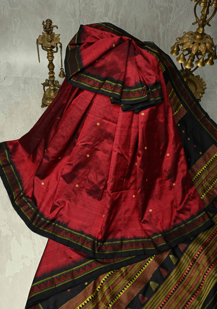 Maroon Handloom Sambalpuri Ikkat Silk Saree with Thread Buttas and Contrast Border, No Blouse Piece | SILK MARK CERTIFIED