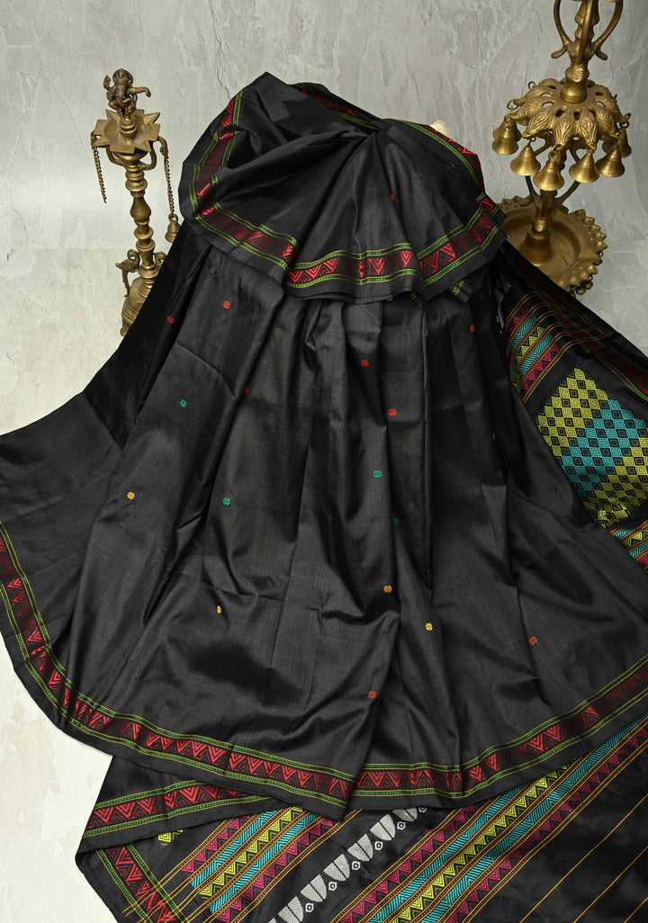 Black Handloom Sambalpuri Ikkat Silk Saree with Meenakari Resham Chunri Buttis and Border-Pallu, No Blouse Piece | SILK MARK CERTIFIED