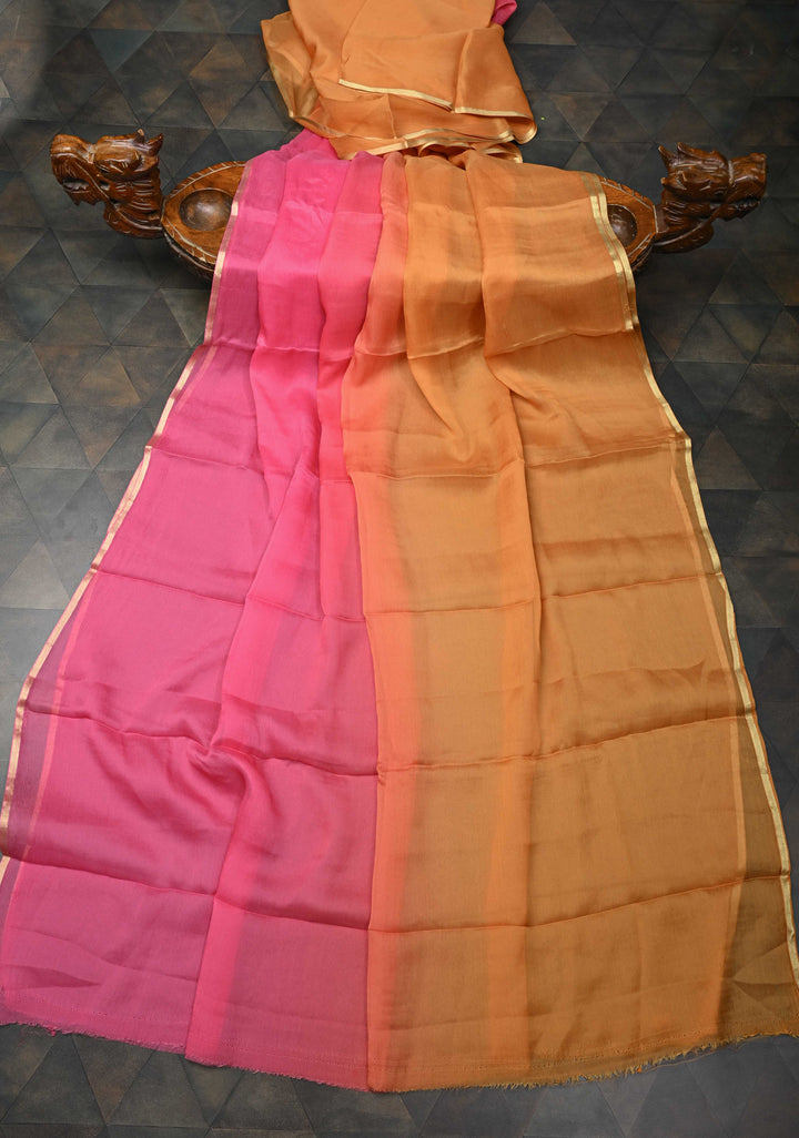 Bollywood style ombre pure chiffon Saree in Pink and orange, No Blouse Piece