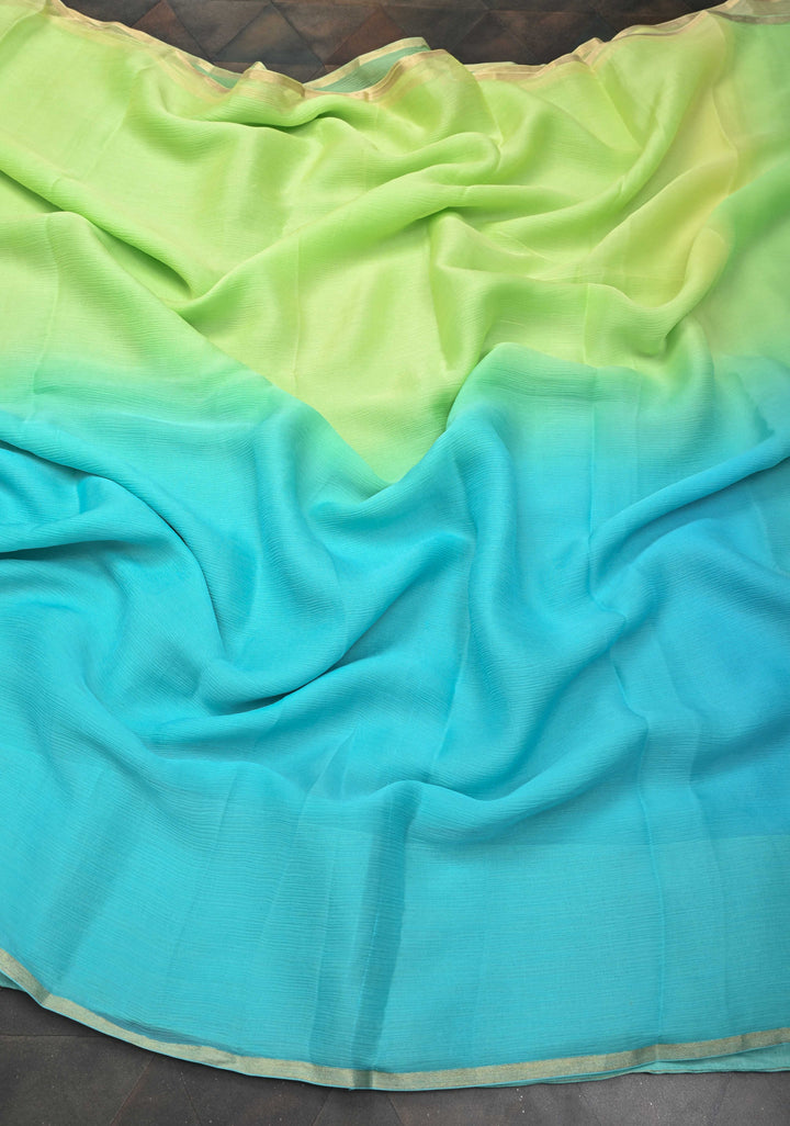 Bollywood style ombre pure chiffon Saree in shades of green and Blue , No Blouse Piece