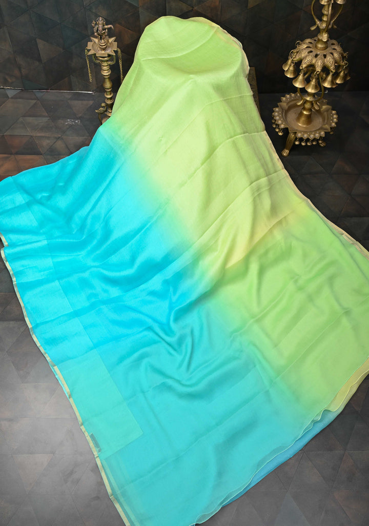 Bollywood style ombre pure chiffon Saree in shades of green and Blue , No Blouse Piece